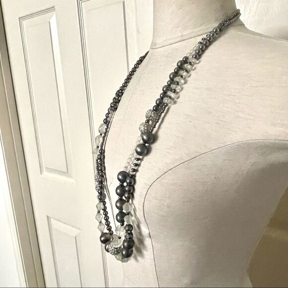 Long  double strand grey and clear beaded statement necklace - Picture 5 of 11